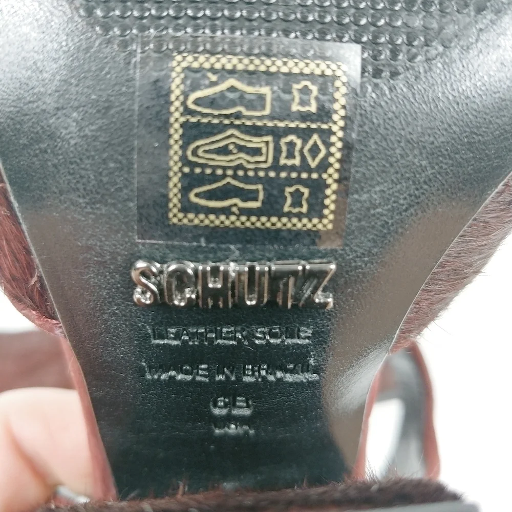 Schutz Peep Toe Pony Hair‎ Chunky Block Heel Size 6 Ankle Strap Burgundy